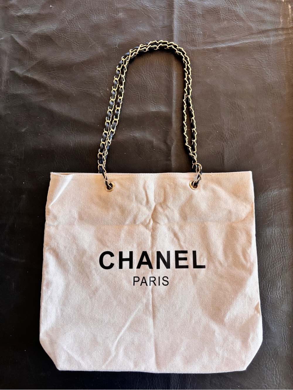 Beige Canvas Tote with Chain-Detail Shoulder Straps